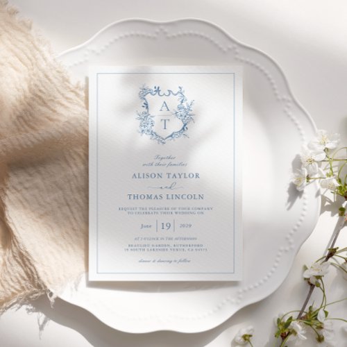Formal Crest Vibrant Blue Monogram Wedding Invitation