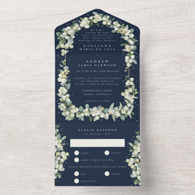 Formal Dark Navy Snowberry+Eucalyptus Wedding All In One Invitation (Inside)