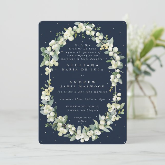 Formal Dark Navy Snowberry+Eucalyptus Wedding Invitation (Standing Front)