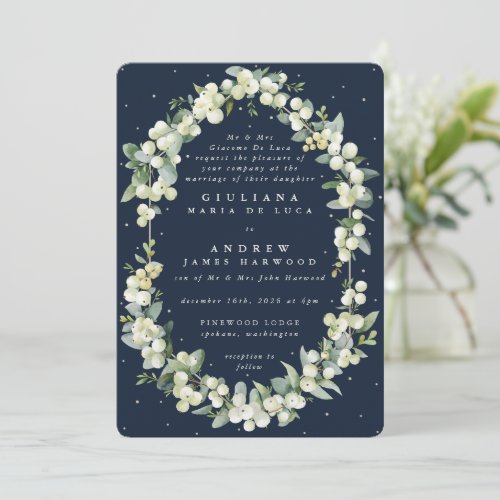 Formal Dark Navy SnowberryEucalyptus Wedding Invitation