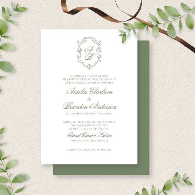 Formal Deep Sage Green Monogram Crest Wedding Invitation (Creator Uploaded)