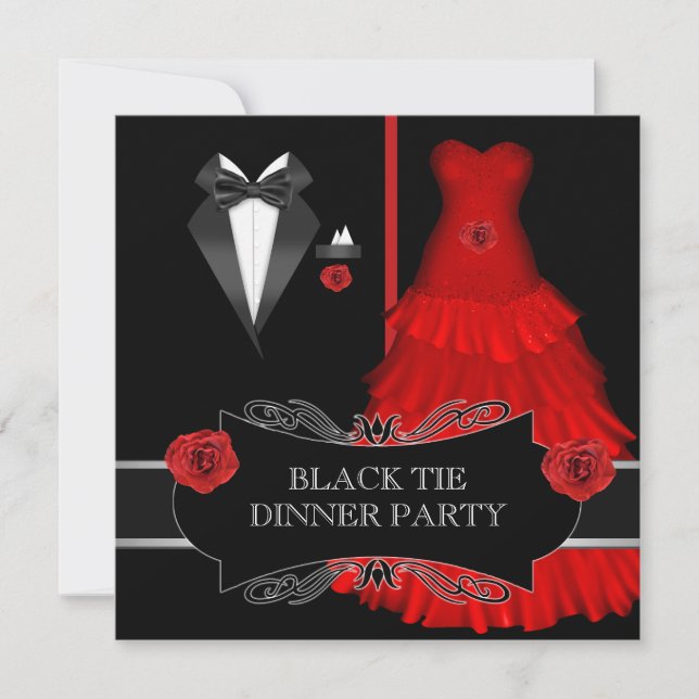 Formal Dinner Party White Black Tie Red 2a Invitation (Front)
