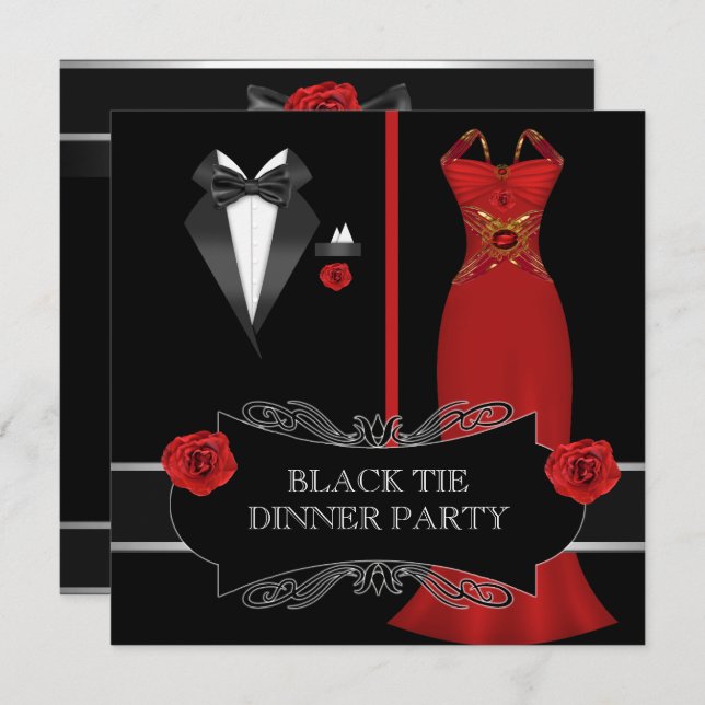 Formal Dinner Party White Black Tie Red 2B Invitation (Front/Back)