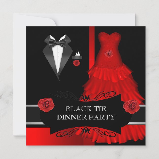 Formal Dinner Party White Black Tie Red Invitation (Front)
