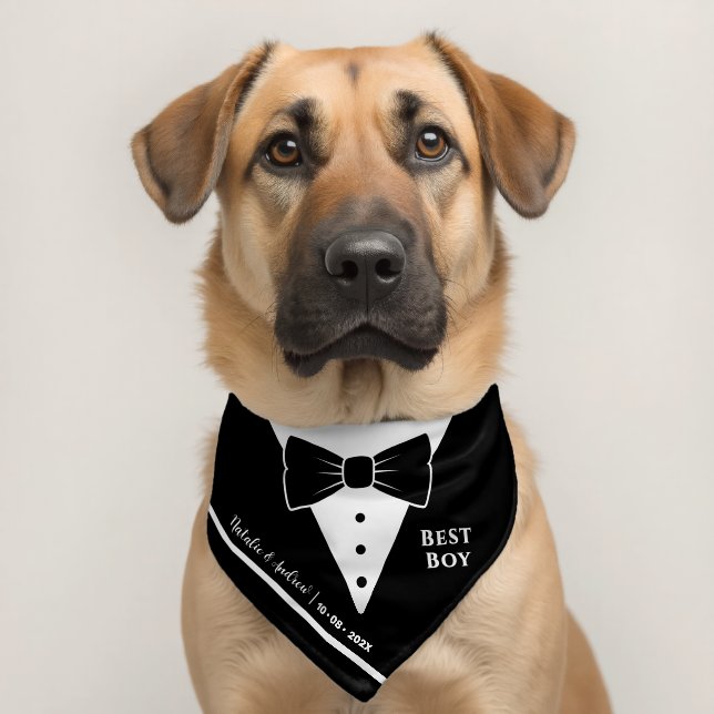 Formal Dog Attire Tuxedo Couple Names Wedding Date Pet Bandana Collar (Dog 2)
