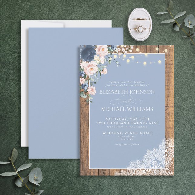 Formal Dusty Blue Blush Rustic Wood Lace Script Invitation (Creator Uploaded)