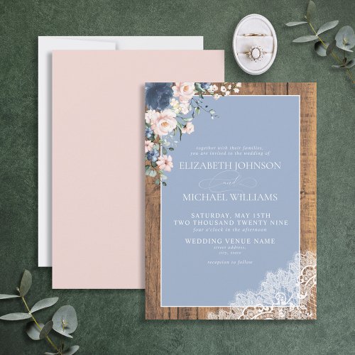 Formal Dusty Blue Blush Rustic Wood Lace Wedding Invitation