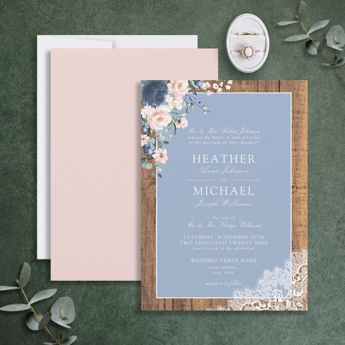 Formal Dusty Blue Blush Rustic Wood Lace Wedding Invitation