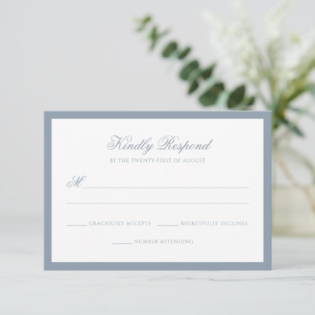 Formal Dusty Blue Border Monogram Script Wedding RSVP Card (Standing Front)