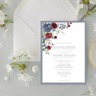Formal Dusty Blue Burgundy Watercolor Floral Invitation