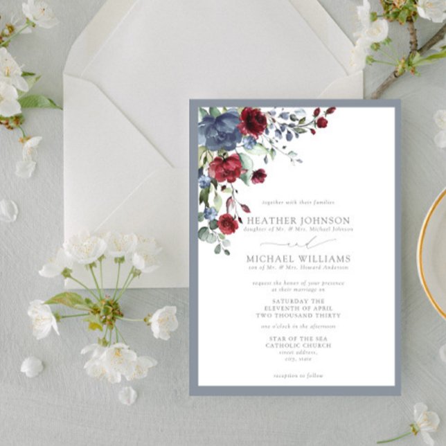 Formal Dusty Blue Burgundy Watercolor Floral Invitation (Creator Uploaded)