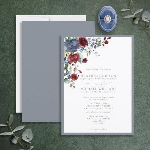 Formal Dusty Blue Burgundy Watercolor Floral Invitation