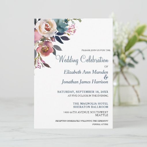 Formal Dusty Blue Champagne Wine Floral Wedding Invitation | Zazzle