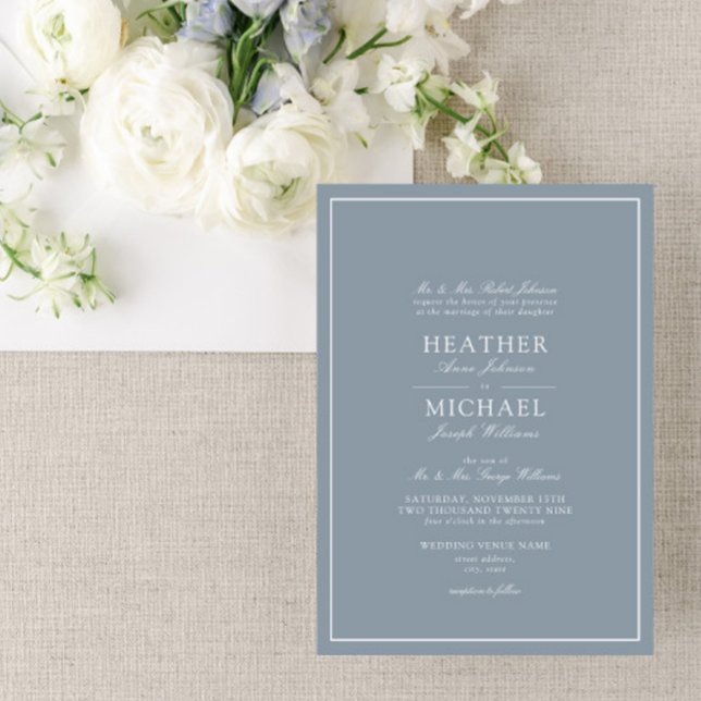 Formal Dusty Blue Classic Script Wedding Invitation (Creator Uploaded)