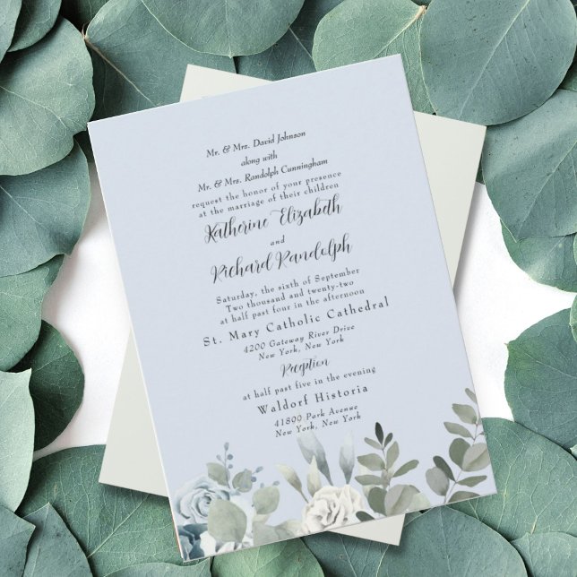 Formal Dusty Blue Floral Both Parents Wedding  Invitation (Creator Uploaded)