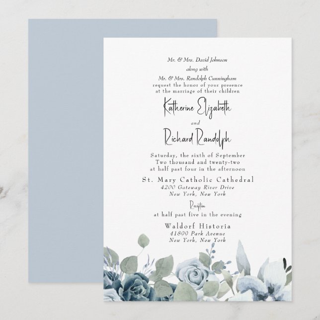 Formal Dusty Blue Floral Elegant Wedding Invitation (Front/Back)
