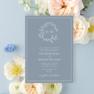 Formal Dusty Blue Leafy Crest Monogram Wedding Invitation