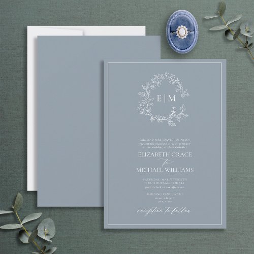 Formal Dusty Blue Leafy Crest Monogram Wedding Invitation