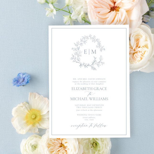 Formal Dusty Blue Leafy Crest Monogram Wedding Invitation (Creator Uploaded)