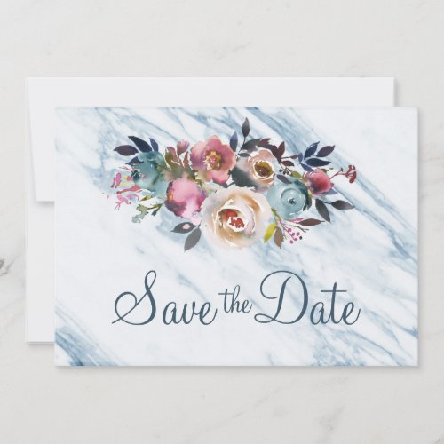 Formal Dusty Blue Marble Burgundy Floral Elegant Save The Date