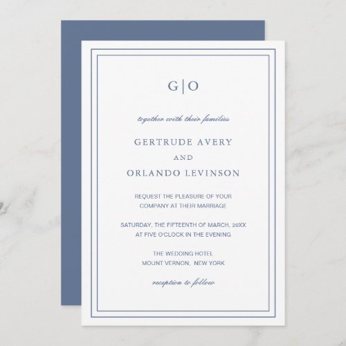 Formal Dusty Blue Monogram Elegant Wedding Invitation