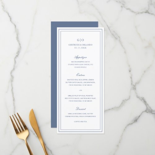 Formal Dusty Blue Monogram Elegant Wedding Menu