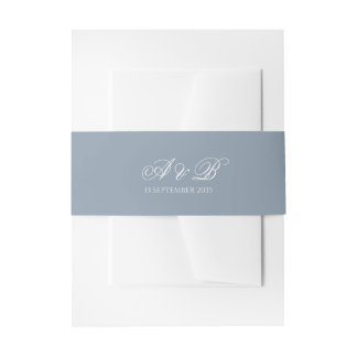 Formal Dusty Blue Monogram Script & Date Wedding Invitation Belly Band