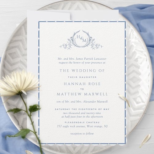 Formal Dusty Blue Monogram Watercolor Wedding Invi Invitation