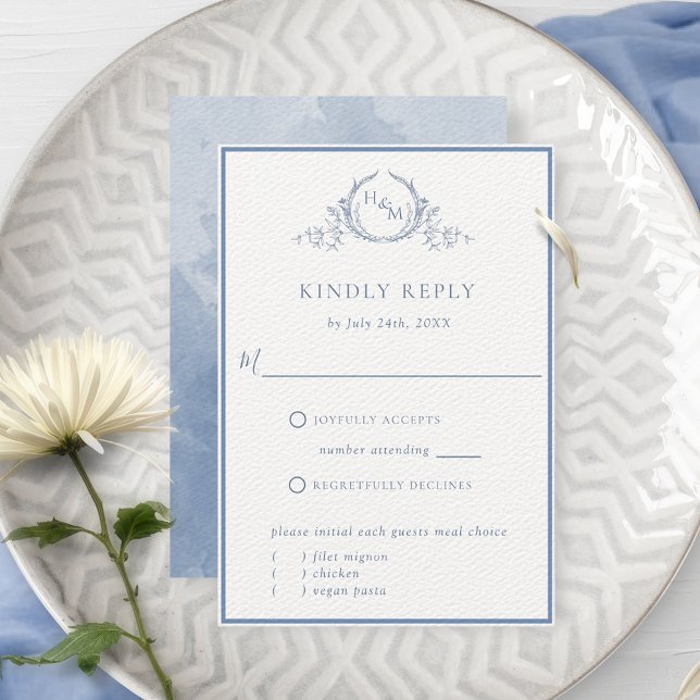 Formal Dusty Blue Monogram Wedding RSVP Card  (Creator Uploaded)