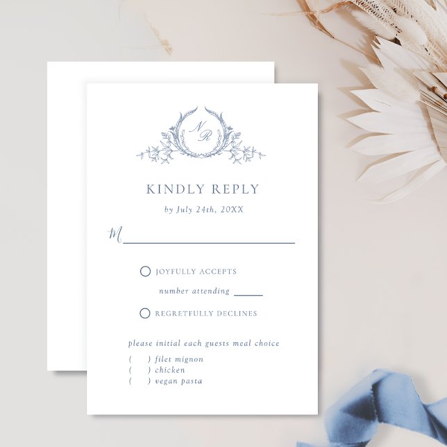 Formal Dusty Blue Monogram With/Without Meals RSVP (Creator Uploaded)