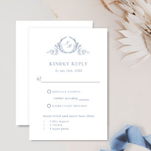 Formal Dusty Blue Monogram With/Without Meals RSVP Card