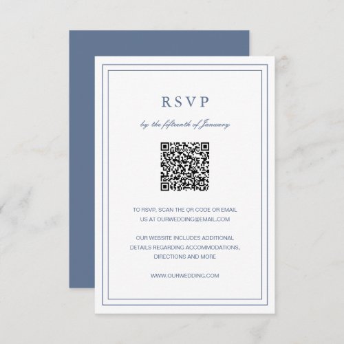 Formal Dusty Blue Simple Elegant QR Code Wedding RSVP Card