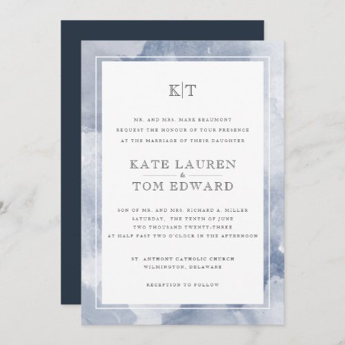 Formal Dusty Blue Watercolor Monogram Wedding Invitation