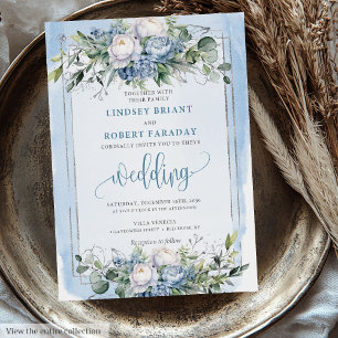 Formal Dusty Blue White Silver Flowers Wedding  Invitation