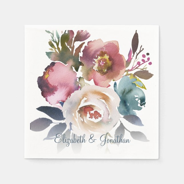 Formal Dusty Blue Wine Burgundy Floral Wedding Napkins (Front)