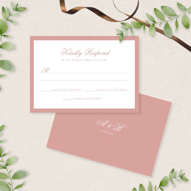 Formal Dusty Rose Border Monogram Script Wedding RSVP Card (Creator Uploaded)