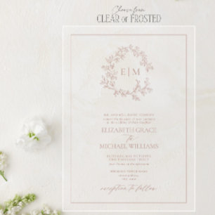 Formal Dusty Rose Leafy Crest Monogram Wedding Acrylic Invitations