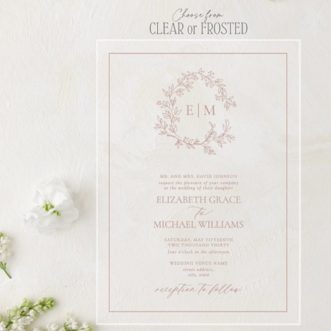 Formal Dusty Rose Leafy Crest Monogram Wedding Acrylic Invitations (Creator Uploaded)