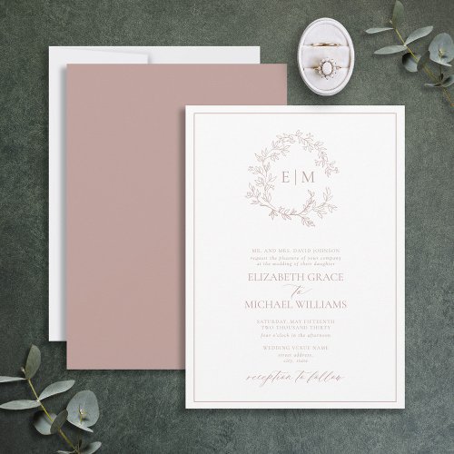 Formal Dusty Rose Leafy Crest Monogram Wedding Invitation