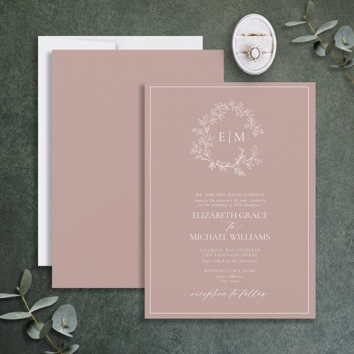 Formal Dusty Rose Leafy Crest Monogram Wedding Invitation
