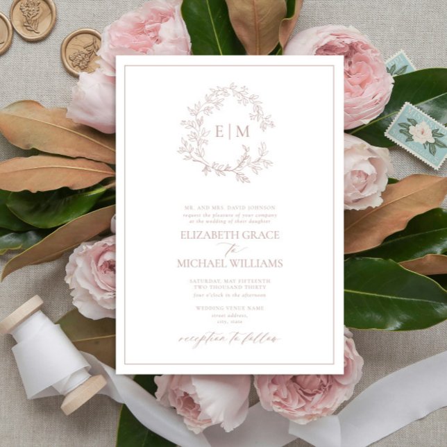Formal Dusty Rose Leafy Crest Monogram Wedding Invitation (Creator Uploaded)