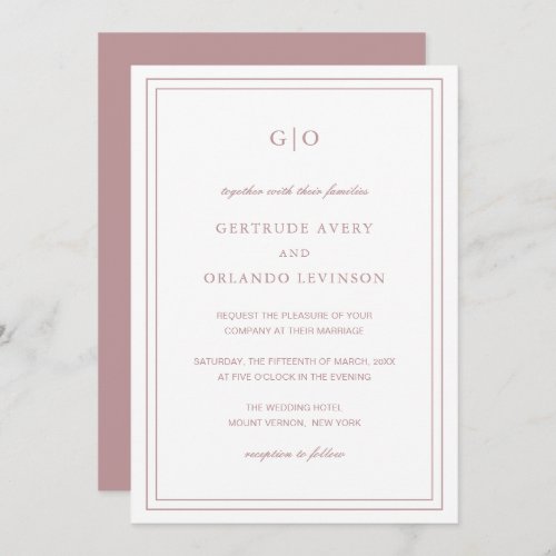 Formal Dusty Rose Pink Monogram Elegant Wedding Invitation