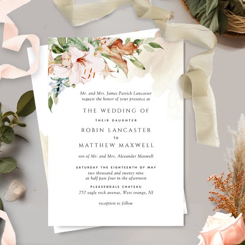  Formal Earthy Blooms Elegant Beige Wedding Invitation