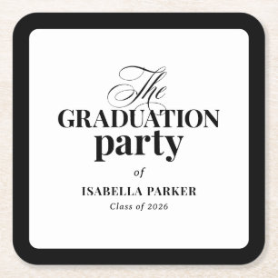 Formal Elegant Black and White Graduation Party Square Paper Coaster