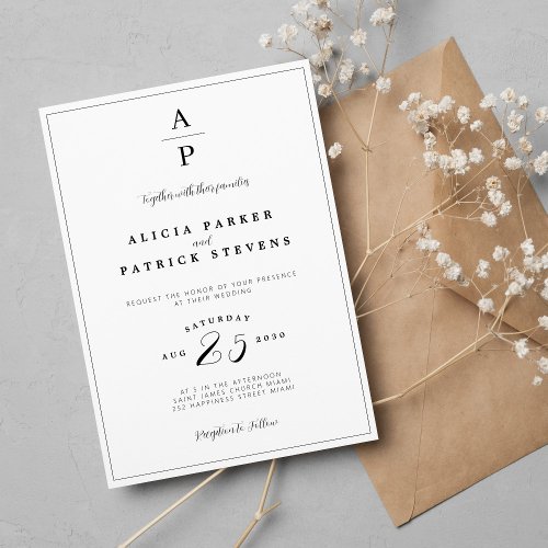 Formal elegant black and white monogram wedding invitation