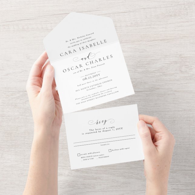 Formal elegant black and white wedding all in one invitation (Tearaway)
