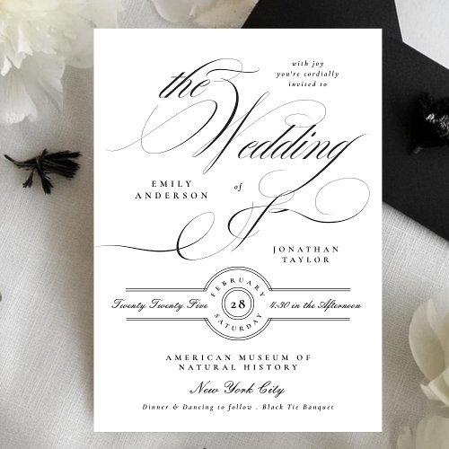 Formal Elegant Black Calligraphy Black Tie Wedding Invitation