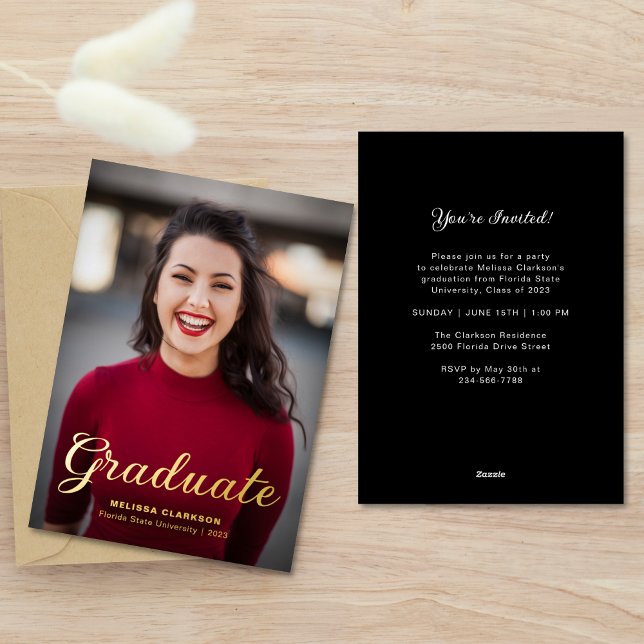 Formal Elegant Black Gold Script Photo Graduation Foil Invitation (Creator Uploaded)