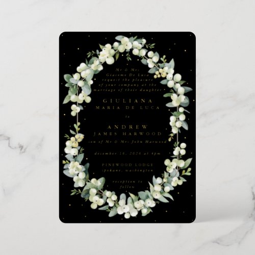 Formal Elegant Black SnowberryEucalyptus Wedding Foil Invitation