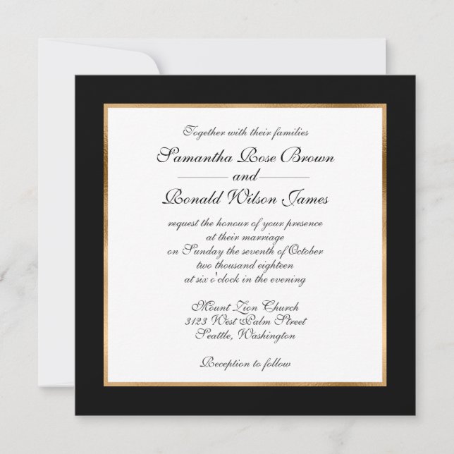 Formal Elegant Black White Gold Wedding Invitation (Front)